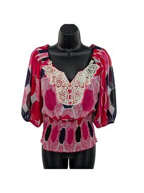 Vtg XOXO Geometric Peplum Top Sheer Crochet Smocked Y2K Office Festival Medium
